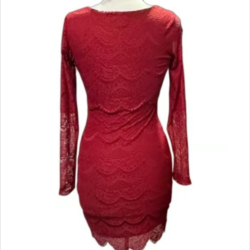 Forever 21 Red Lace Long Sleeve Bodycon Mini Dress V-Neck Breathable Stretch NEW - Picture 3 of 10
